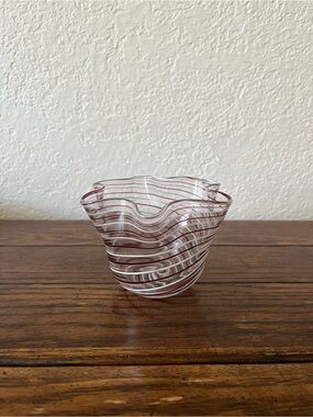 Hand-Blown Decorative Glass Bowl in Clear with Pink Ribbon Stripes